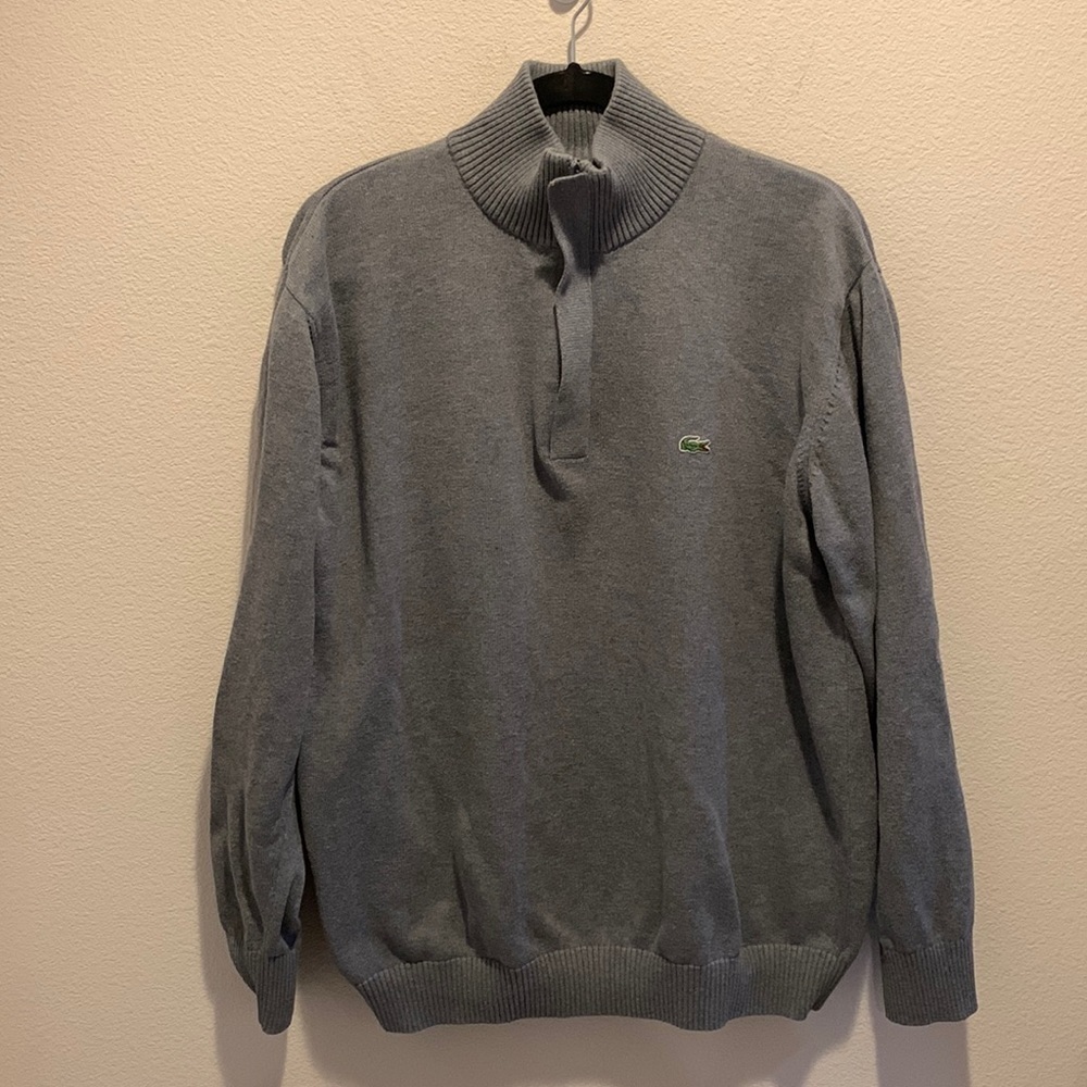 Mens Lacoste quarter zip 100% Cotton Gray Sweater in a L/XL/Excellent Condition.